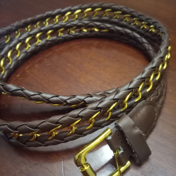Accessories - Brown Braided Leather Belt with Gold Accents